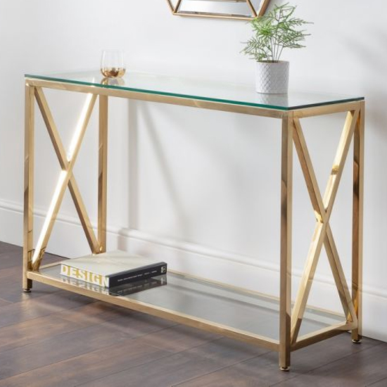 Photo of Maemi glass console table with gold stainless steel frame