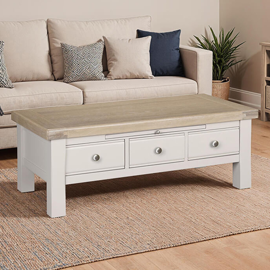 Read more about Dawson wooden coffee table with 3 drawers in taupe