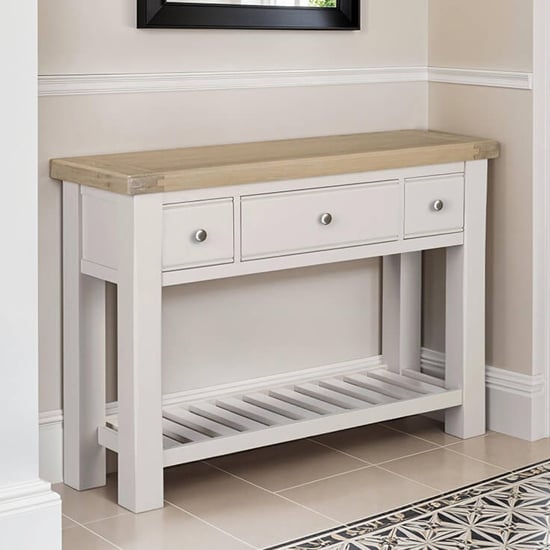 Read more about Dawson wooden console table with 3 drawers in taupe