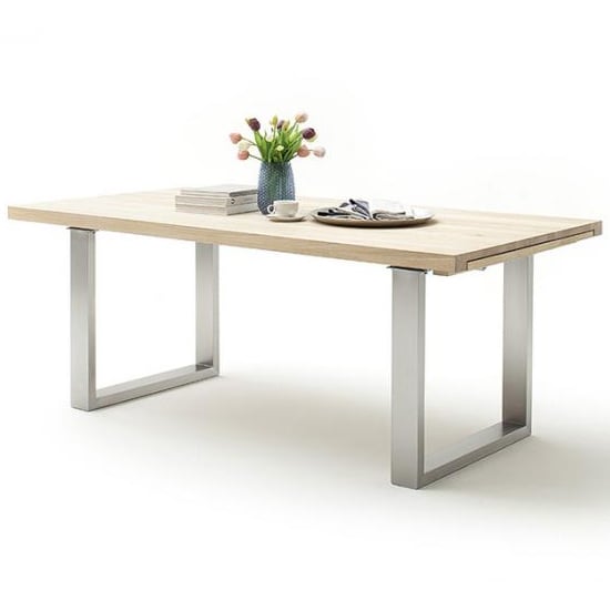 Dayton Extending Dining Table In Bianco Oak With Brush Steel Leg