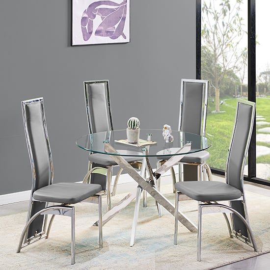 Product photograph of Daytona Round Glass Dining Table With 4 Chicago Grey Chairs from Furniture in Fashion