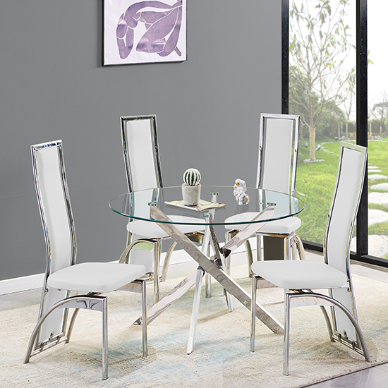 Daytona Clear Glass Dining Table With 4 Chicago White Chairs