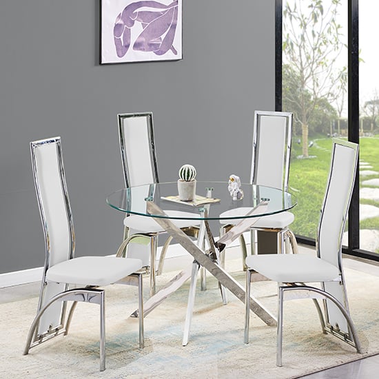 Photo of Daytona round glass dining table with 4 chicago white chairs