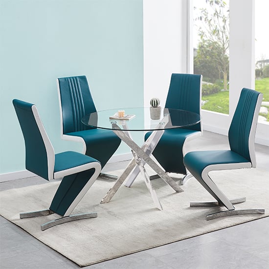 Product photograph of Daytona Round Glass Dining Table With 4 Gia Teal White Chairs from Furniture in Fashion