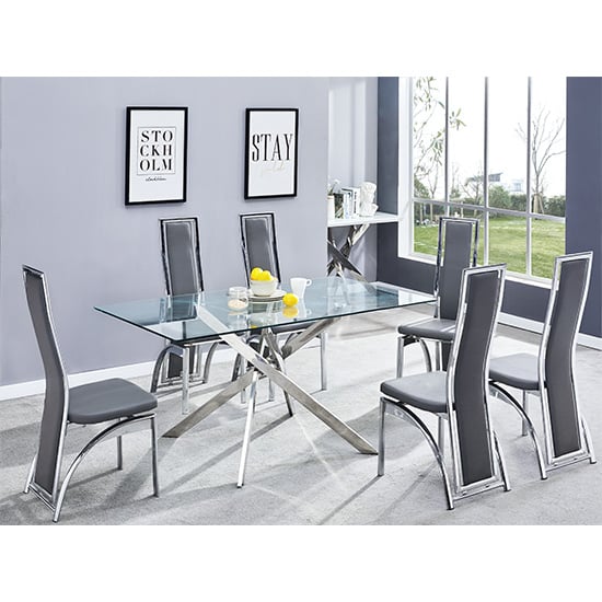 Photo of Daytona large glass dining table with 6 chicago grey chairs