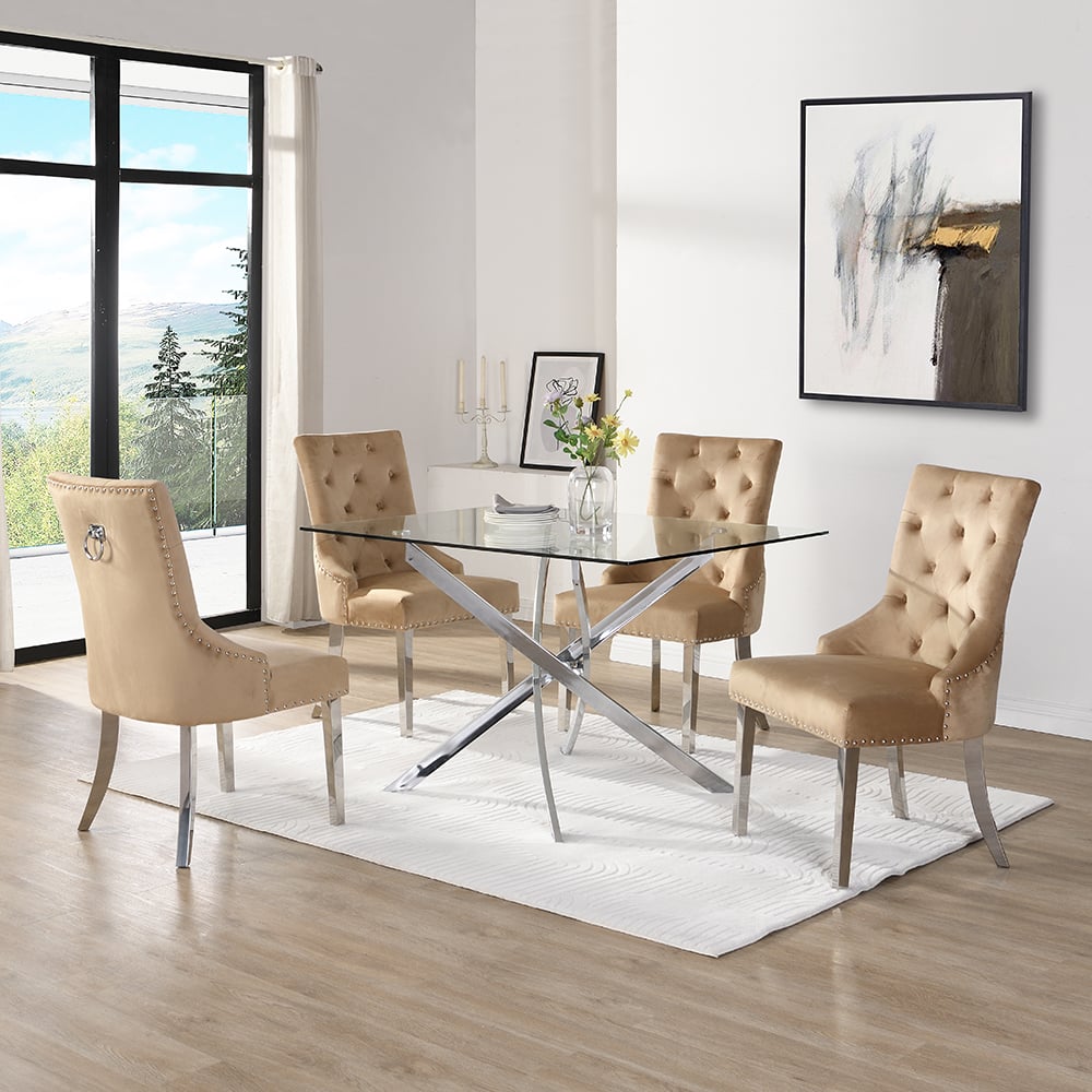 Read more about Daytona large clear glass dining table 4 imperial champagne chairs