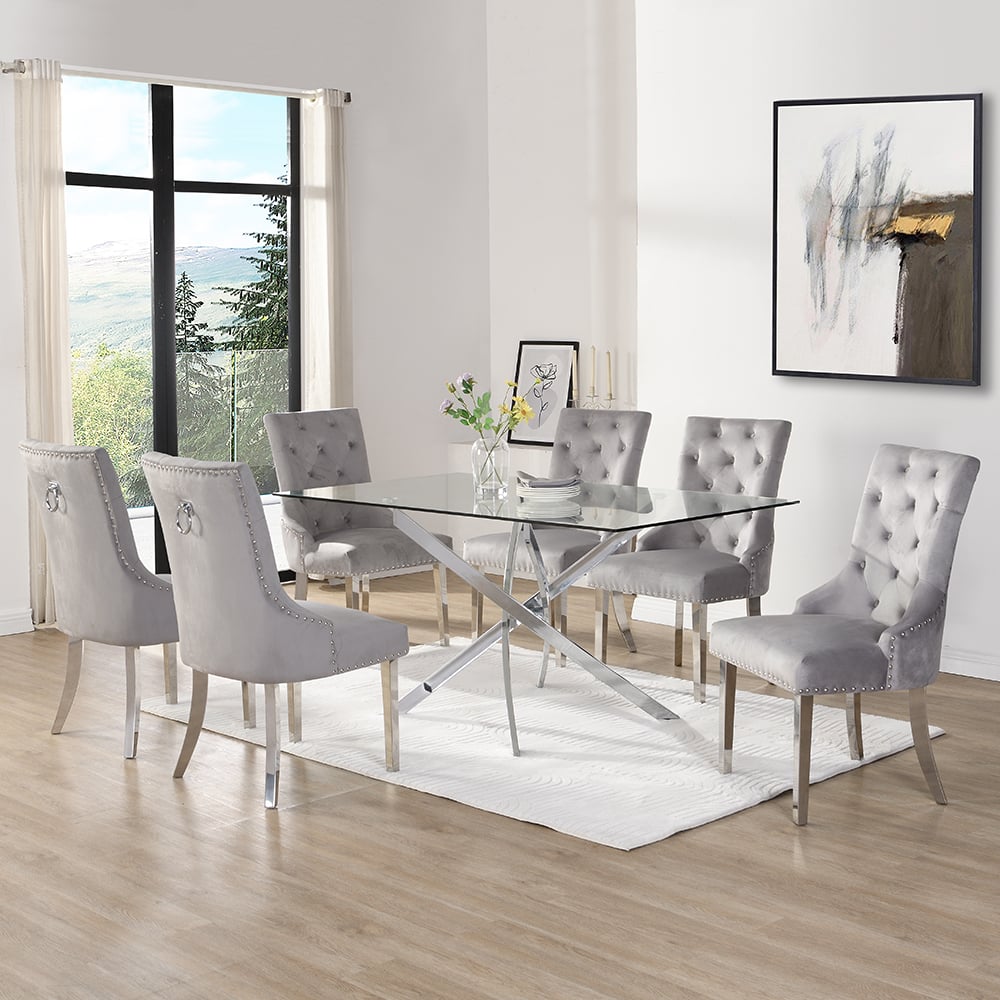 Daytona Large Clear Glass Dining Table 6 Imperial Grey Chairs