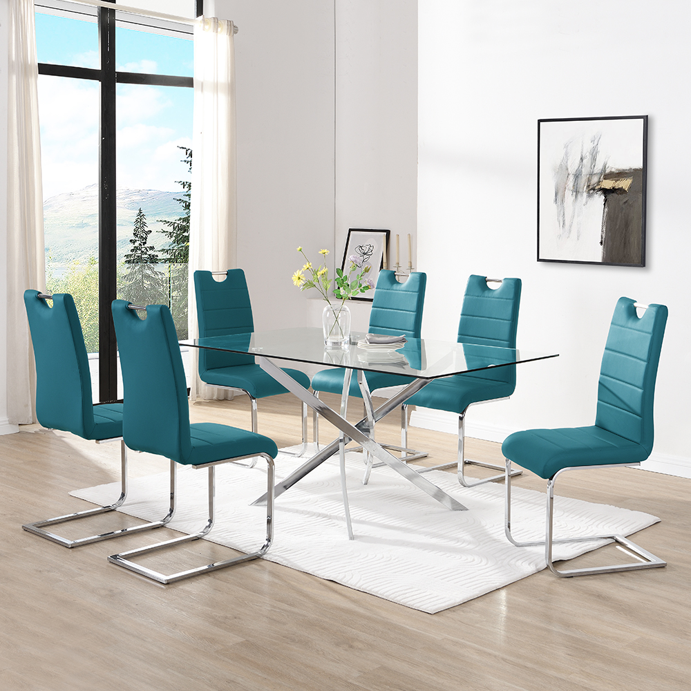 Read more about Daytona large glass dining table with 6 petra teal chairs