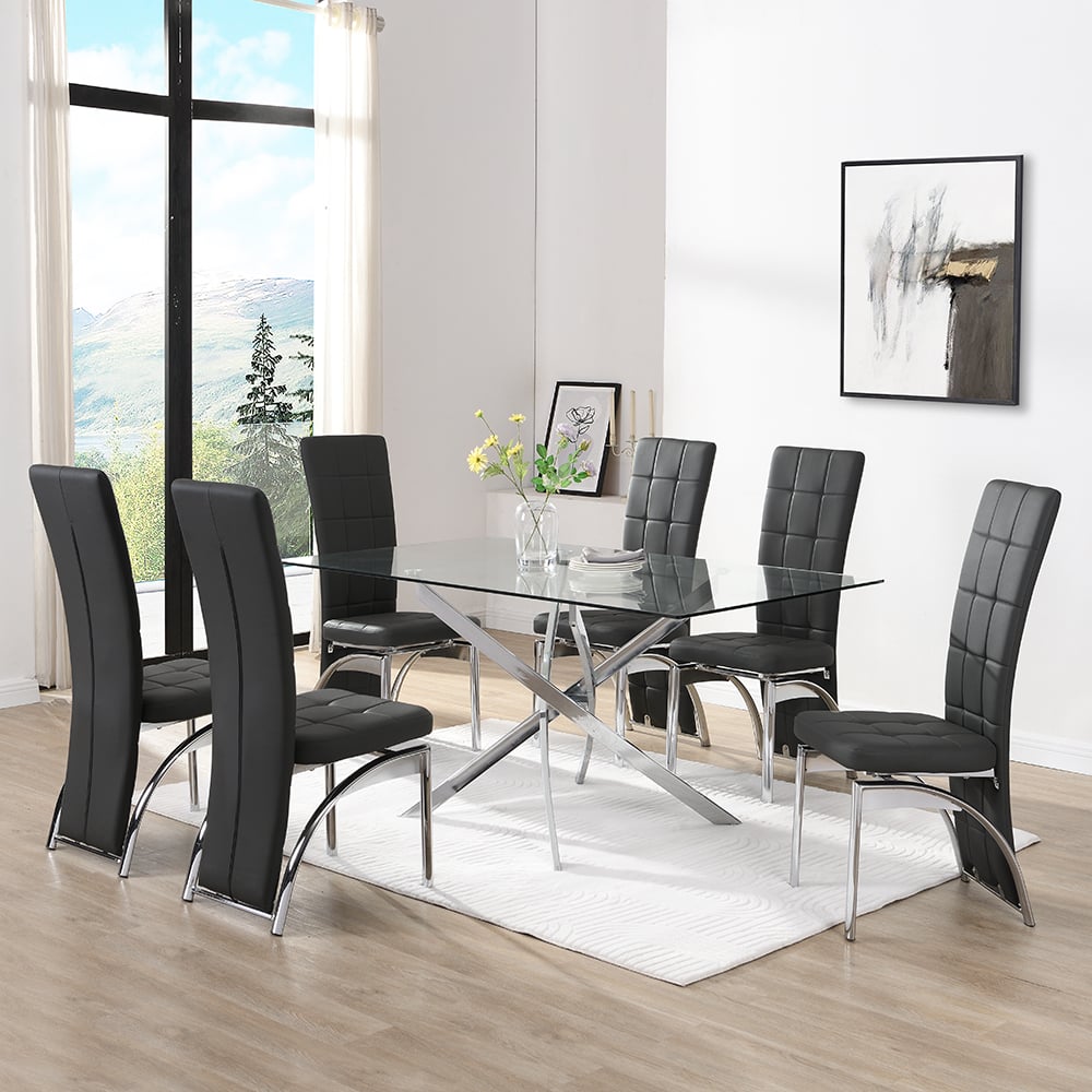 Read more about Daytona large glass dining table with 6 ravenna black chairs