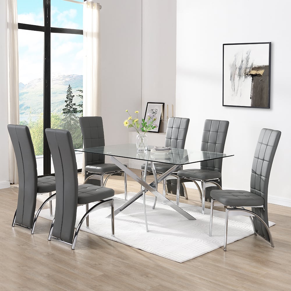 Read more about Daytona large glass dining table with 6 ravenna grey chairs