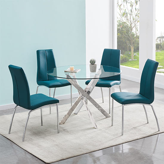 Read more about Daytona round clear glass dining table with 4 opal teal chairs