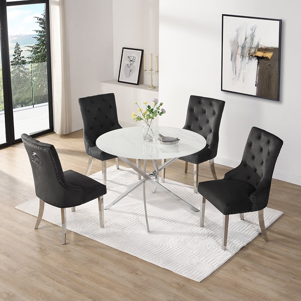 Read more about Daytona round diva glass dining table 4 imperial black chairs