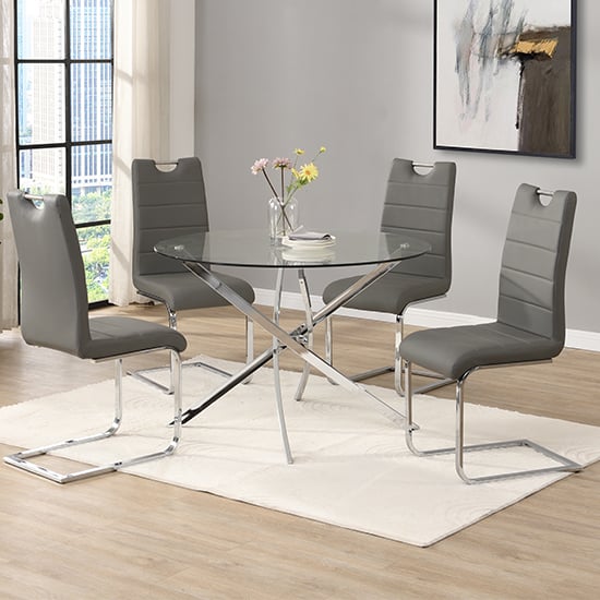 Daytona Round Glass Dining Table With 4 Petra Grey Chairs