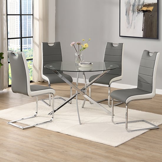 Daytona Round Glass Dining Table With 4 Petra Grey White Chairs