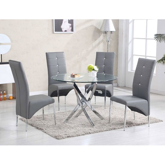 Product photograph of Daytona Round Glass Dining Table With 4 Vesta Grey Chairs from Furniture in Fashion