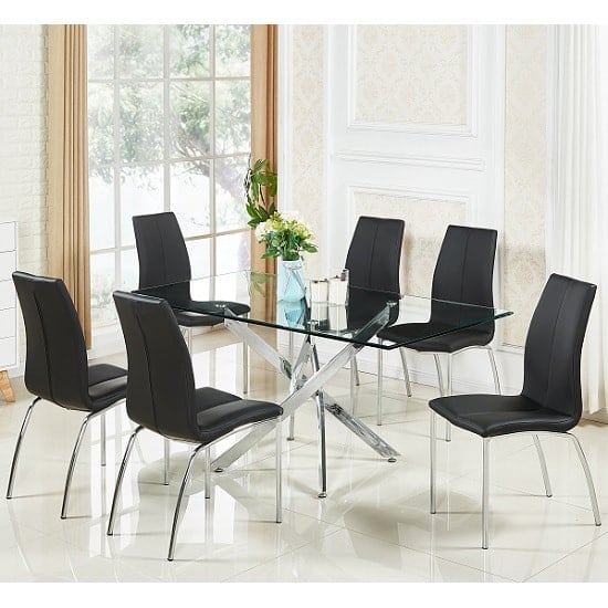 Daytona Glass Dining Table In Clear With 6 Opal Black Chairs