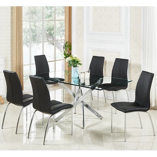 Read more about Daytona large clear glass dining table with 6 opal black chairs