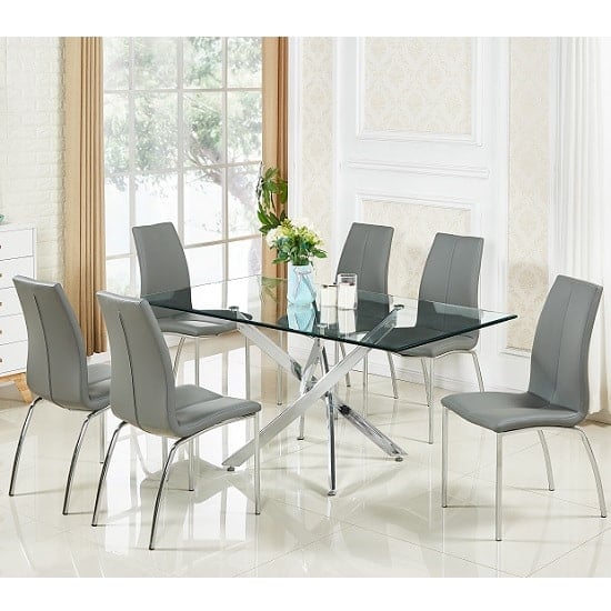 Photo of Daytona large clear glass dining table with 6 opal grey chairs