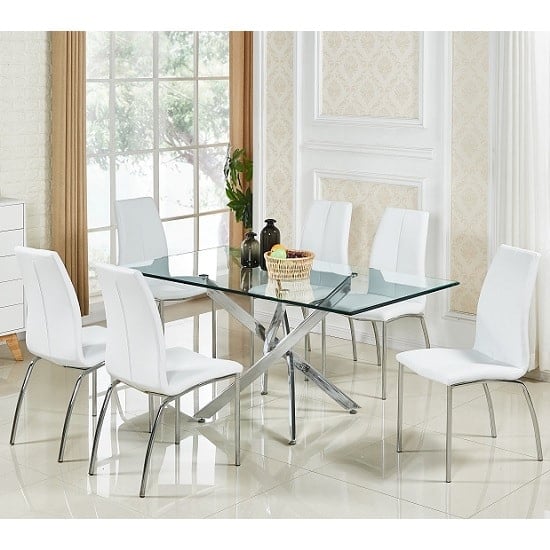 Daytona Glass Dining Table In Clear With 6 Opal White Chairs