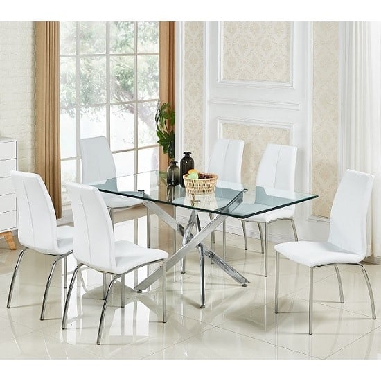 Photo of Daytona large clear glass dining table with 6 opal white chairs