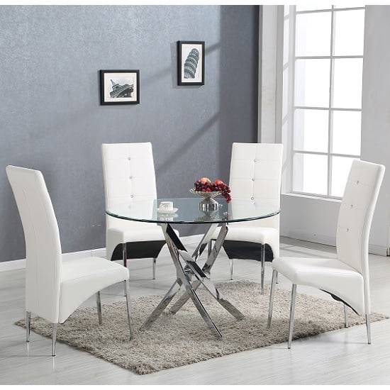 Photo of Daytona glass dining table round with 4 vesta white chairs