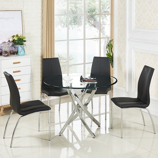 Photo of Daytona round clear glass dining table with 4 opal black chairs