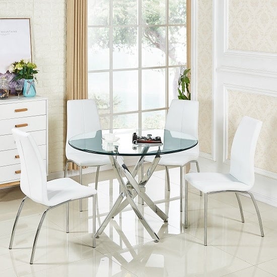 Daytona Round Clear Glass Dining Table With 4 Opal White Chairs
