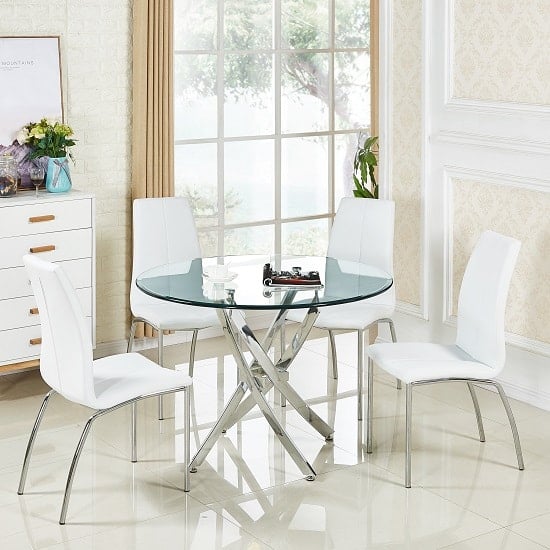 Product photograph of Daytona Round Clear Glass Dining Table With 4 Opal White Chairs from Furniture in Fashion