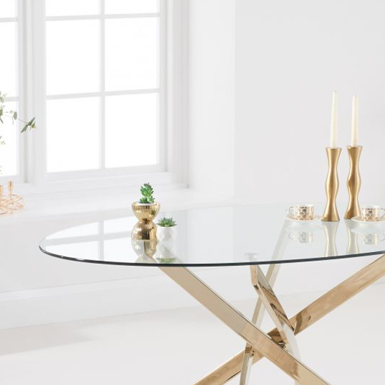 Dystonia Oval 165cm Clear Glass Dining Table With Gold Base Furniture