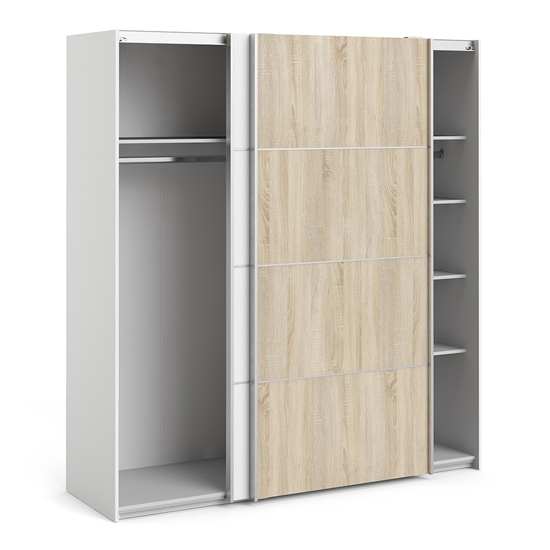 Dcap Wooden Sliding Doors Wardrobe In White Oak With 5 Shelves_3
