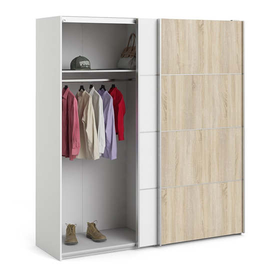Dcap Wooden Sliding Doors Wardrobe In White Oak With 5 Shelves_5