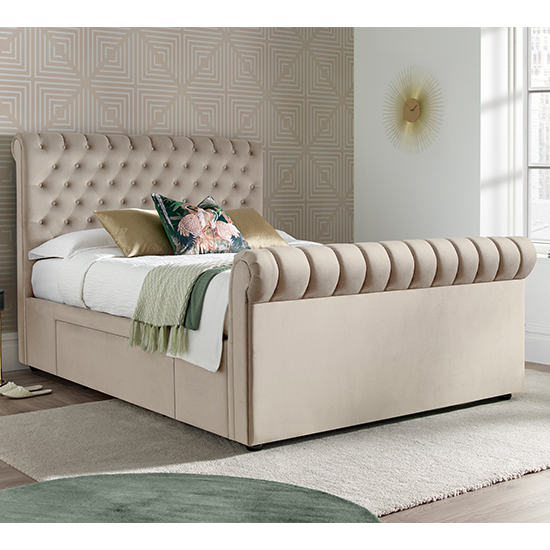 Read more about Deacon fabric 2 drawers chesterfield double bed in warm stone