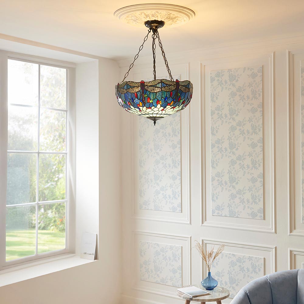Dearborn Blue Tiffany Glass Inverted Pendant Light In Satin Black