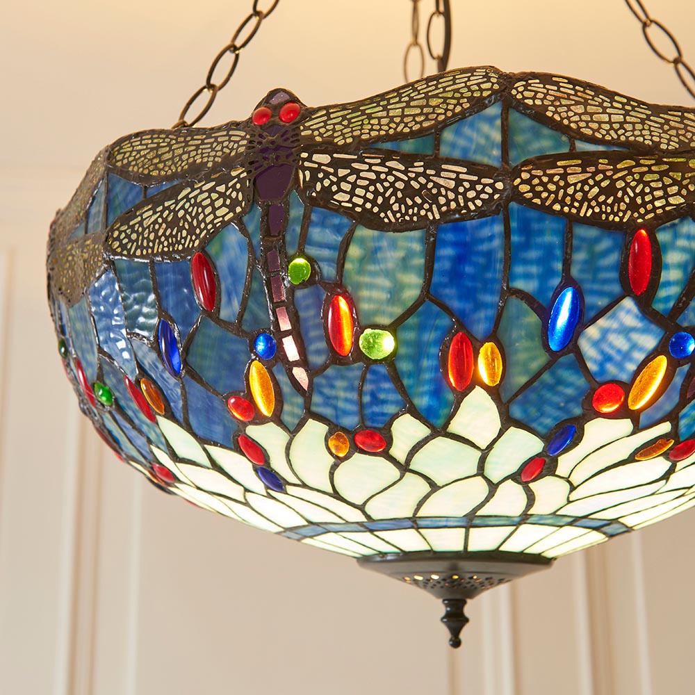 Dearborn Blue Tiffany Glass Inverted Pendant Light In Satin Black