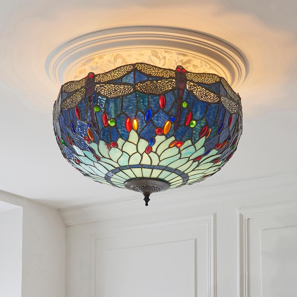 Dearborn Large Tiffany Glass Semi Flush Light In Multicolour