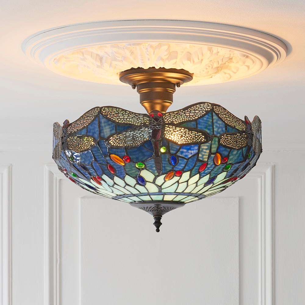 Dearborn Small Tiffany Glass Semi Flush Light In Multicolour