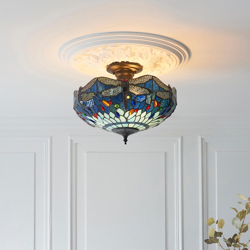 Dearborn Small Tiffany Glass Semi Flush Light In Multicolour