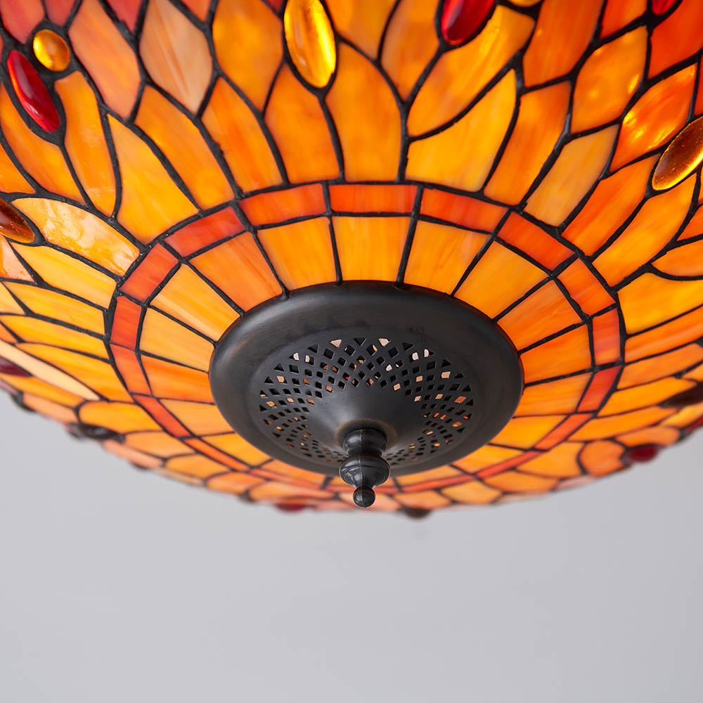 Dearborn Tiffany Glass Flush Ceiling Light In Orange And Red