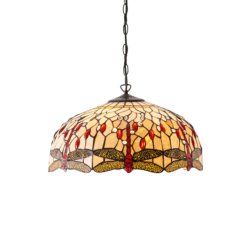 Dearborn Tiffany Glass Large Pendant Ceiling Light In Beige Red