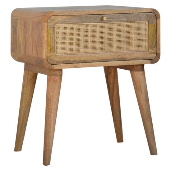 Read more about Debby wooden bedside cabinet in oak woven design with 1 drawer