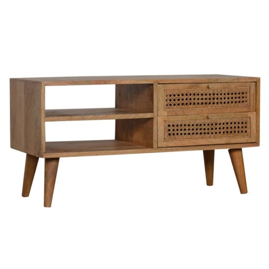 Read more about Debby wooden tv stand in oak ish rattan design