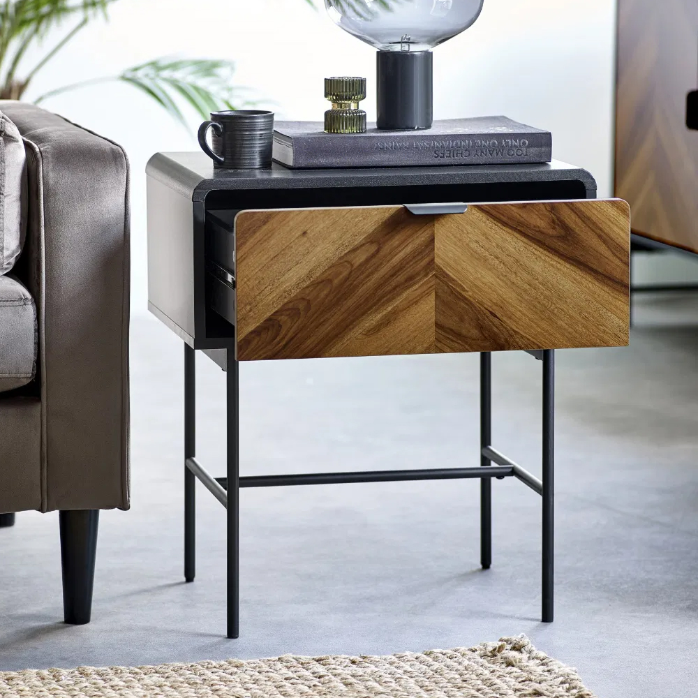 Decatur Wooden Lamp Table With 1 Drawer - Light Brown And Black