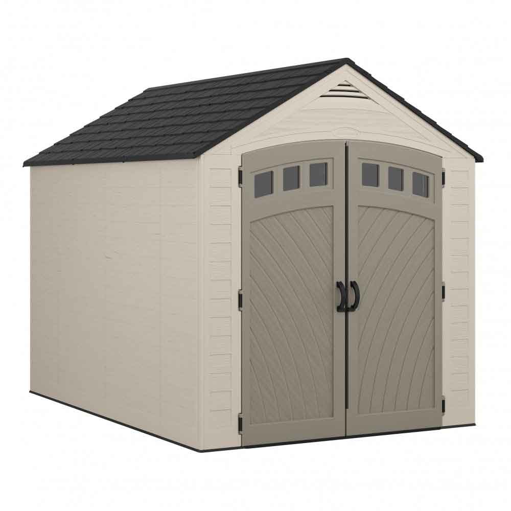 Decluttered 7x10 Reinforced Resin Garden Storage Cabinet in Vanilla and Grey