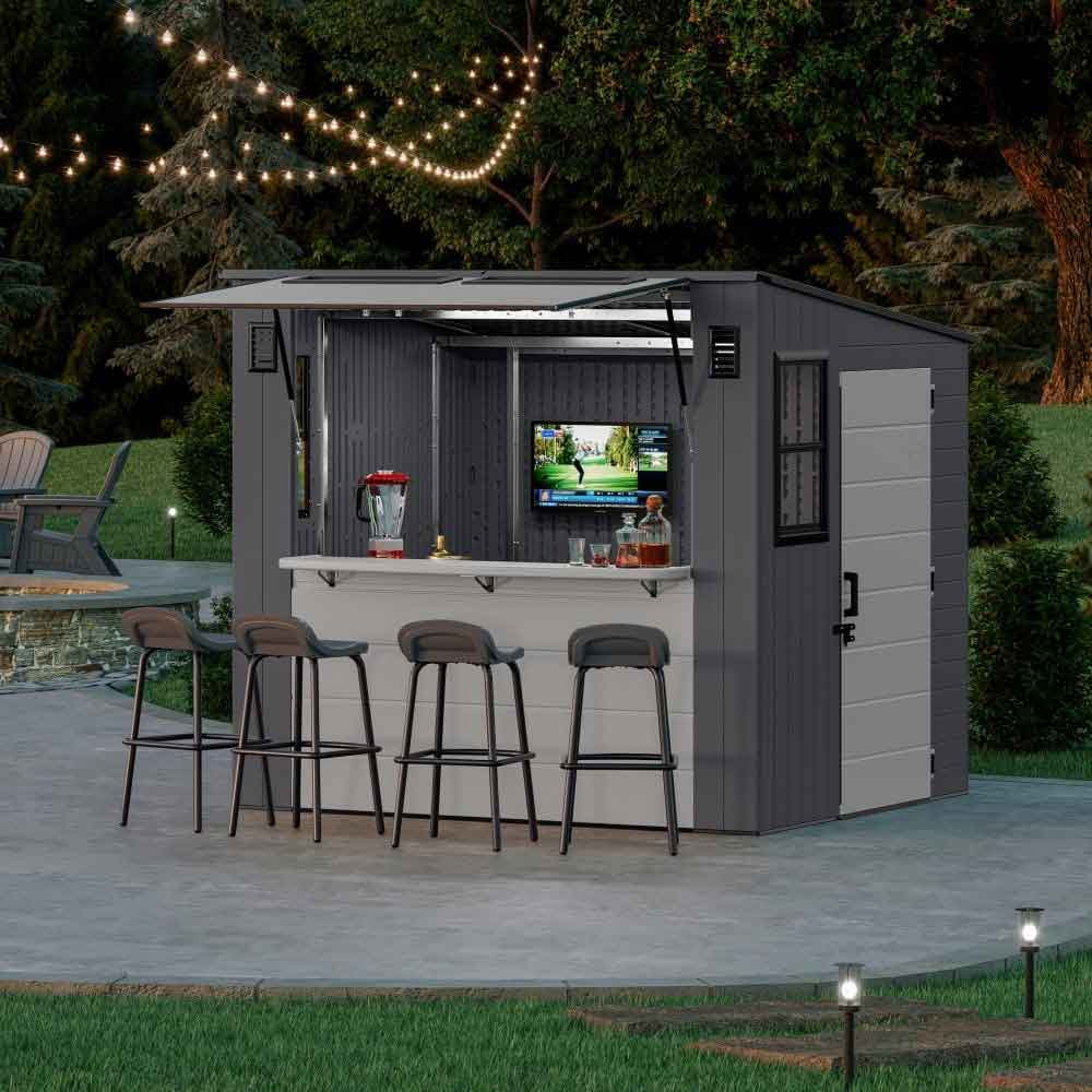 Decluttered 8x7 Garden Metal Entertainment Bar Shed In Cool Grey