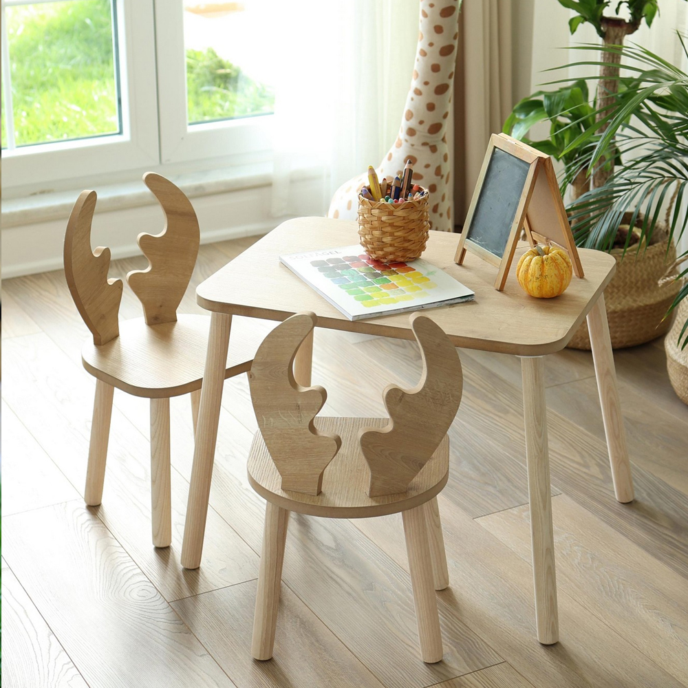 Deer Wooden Kids Table with 2 Chairs in Brown