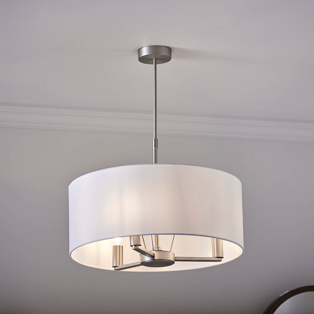 Deland Round White Shade Pendant Ceiling Light In Matt Nickel