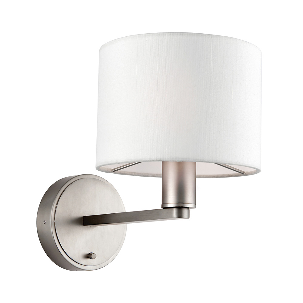 Deland White Fabric Shade Wall Light In Matt Nickel