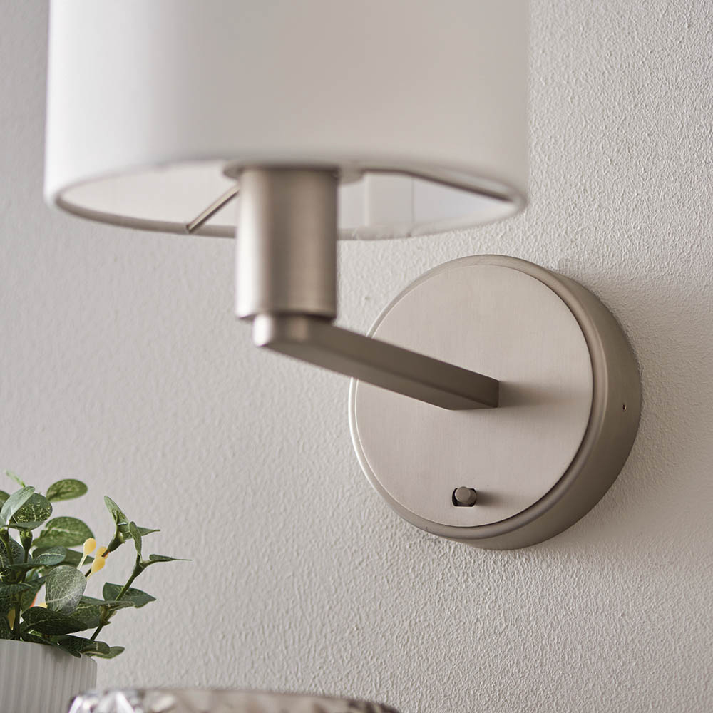 Deland White Fabric Shade Wall Light In Matt Nickel