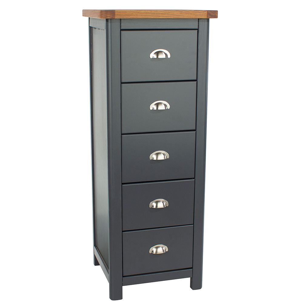 Delavan Narrow Wooden Chest Of 5 Drawers In Midnight Blue And Oak
