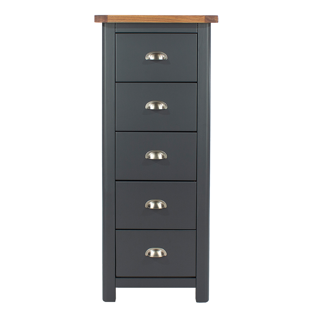 Delavan Narrow Wooden Chest Of 5 Drawers In Midnight Blue And Oak